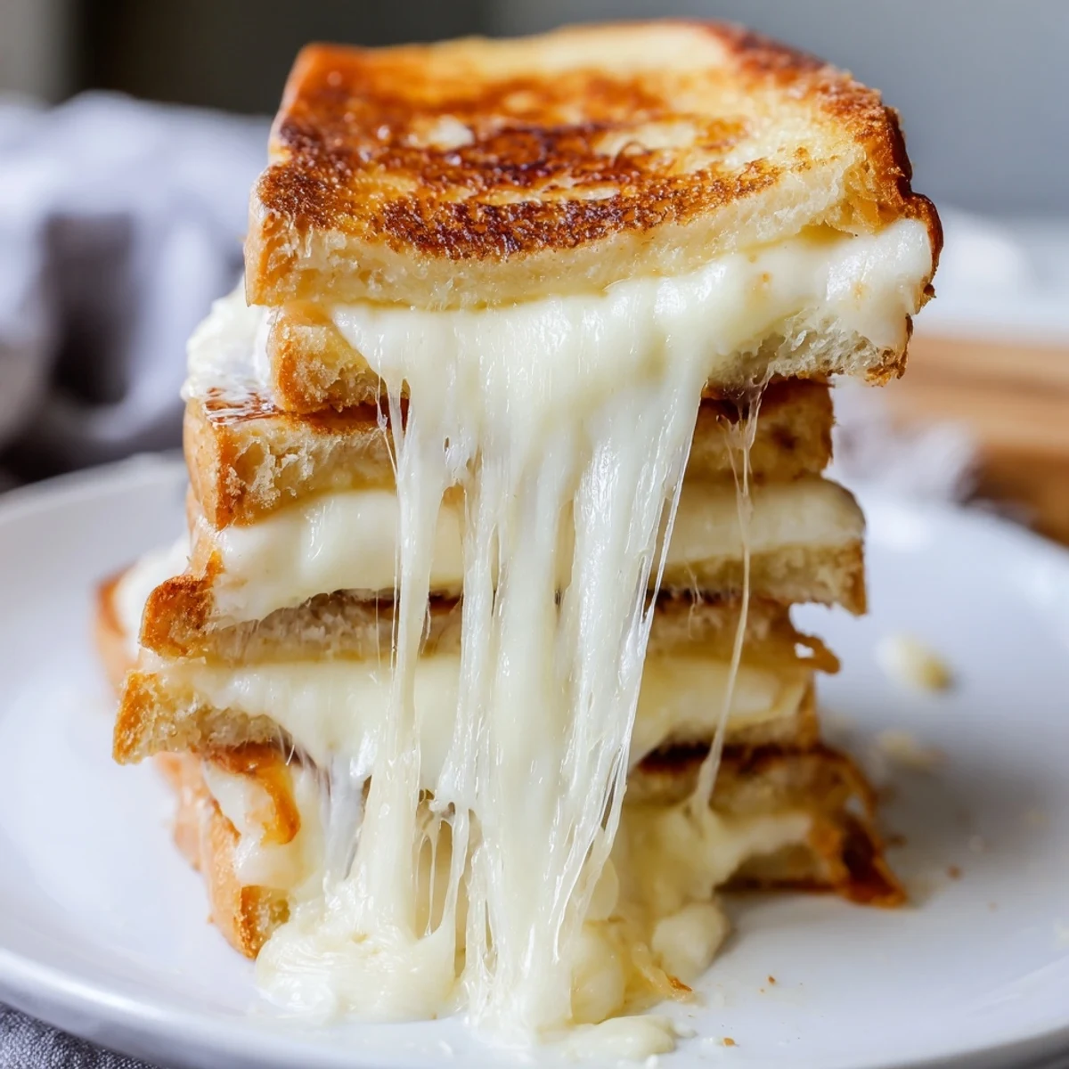 Homemade mozzarella stick grilled cheese sandwich cut diagonally, resting on a white plate with a small bowl of warm marinara sauce.