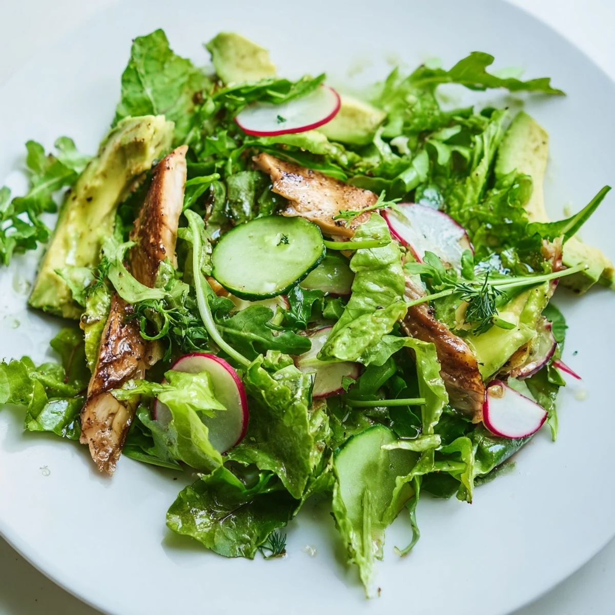 Freshly grilled chicken slices top mixed greens, crisp cucumber, and peppery radish in this vibrant Spring Detox Chicken Salad, drizzled with zesty lemon vinaigrette.
