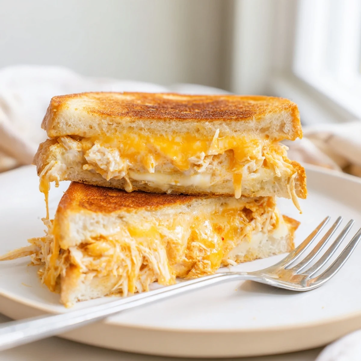 Golden brown Buffalo Chicken Ranch Grilled Cheese slices show gooey cheddar and spicy shredded chicken filling.