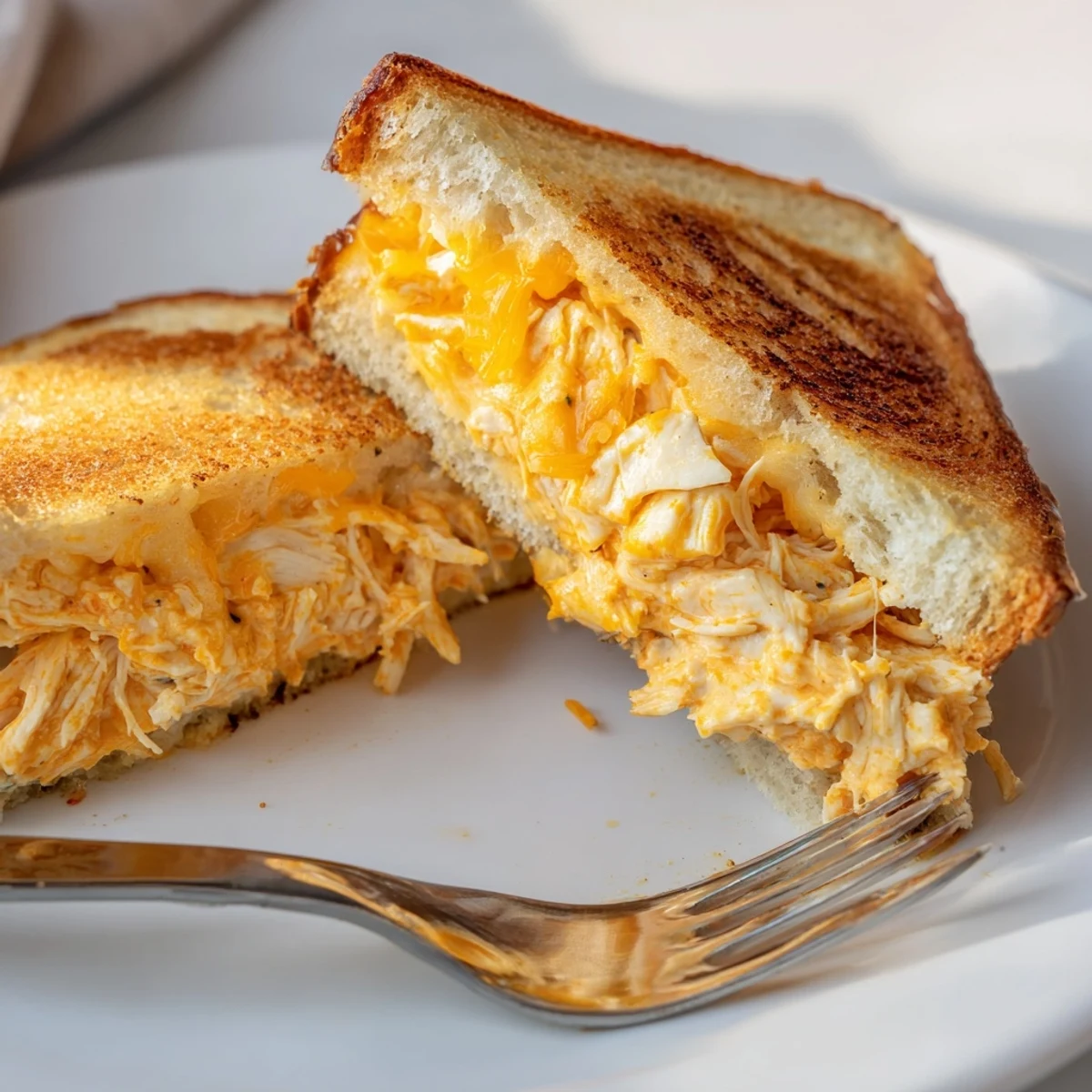 Half a grilled cheese sandwich stacked high with creamy ranch dressing, sharp cheddar, and spicy chicken.