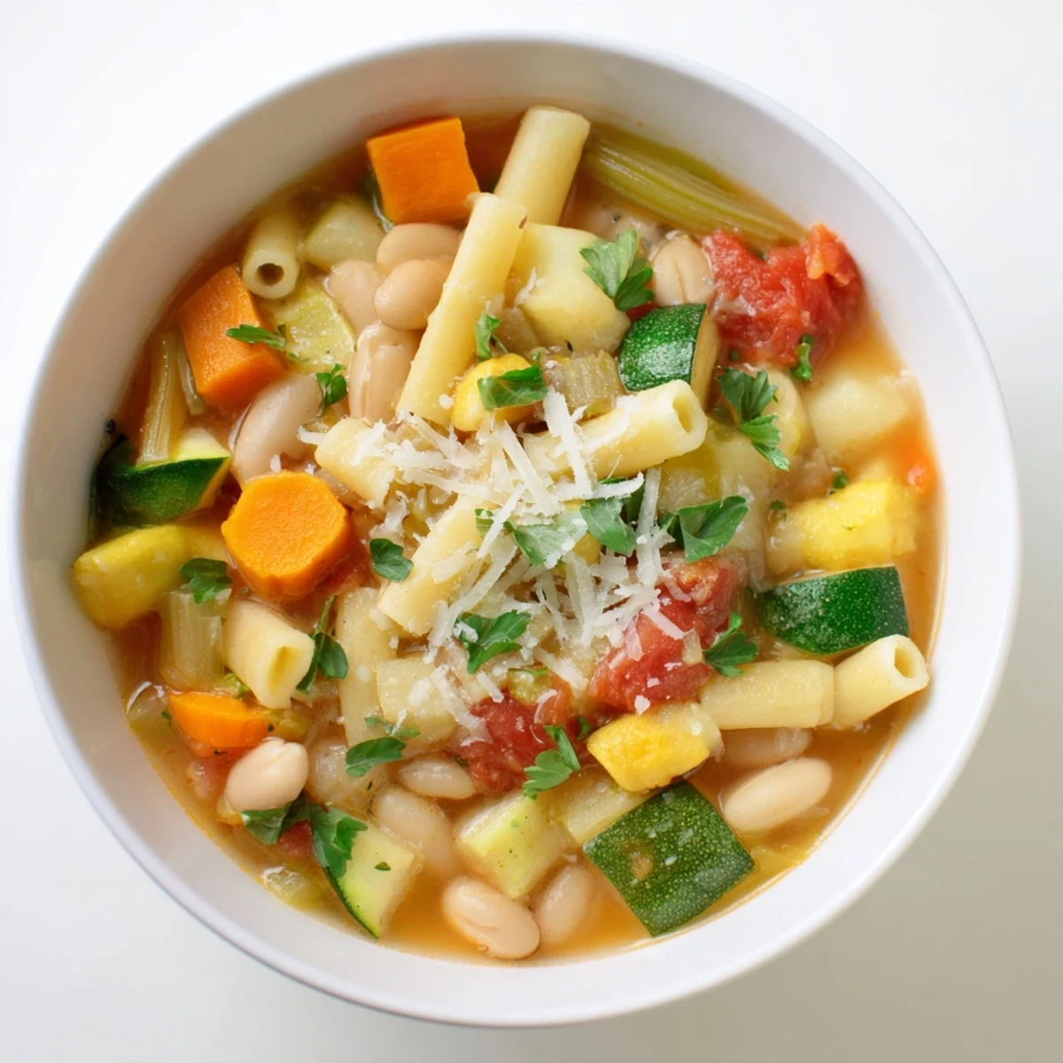 A hearty bowl of classic minestrone vegetable soup brimming with colorful vegetables, beans, and pasta, garnished with fresh parsley and a slice of crusty bread.  