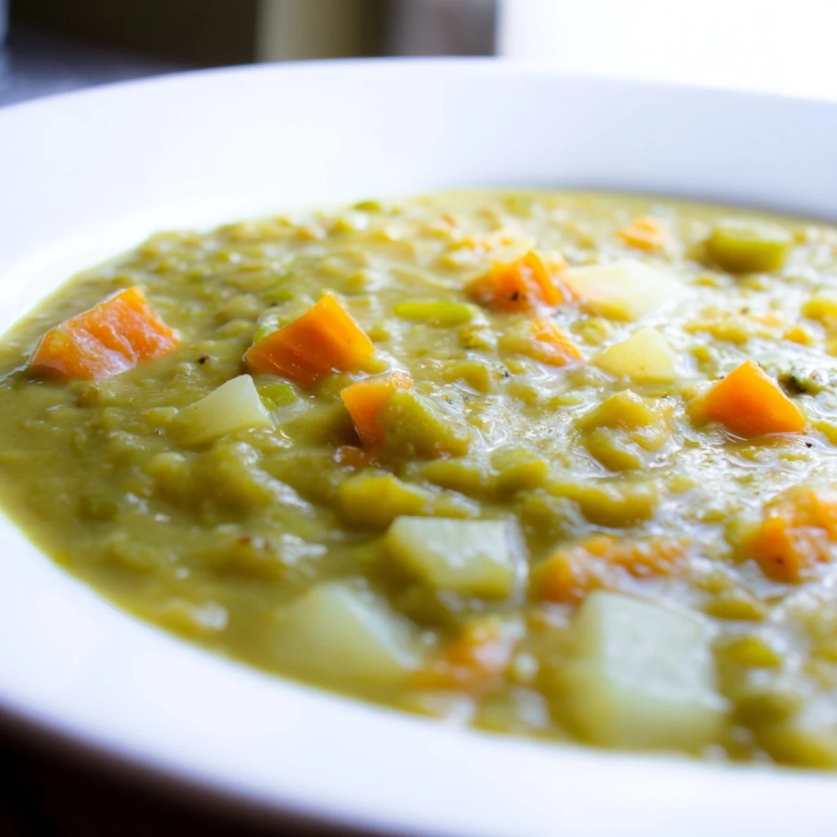 A close-up of creamy Split Pea Soup in a rustic bowl, garnished with fresh thyme and a drizzle of olive oil.  