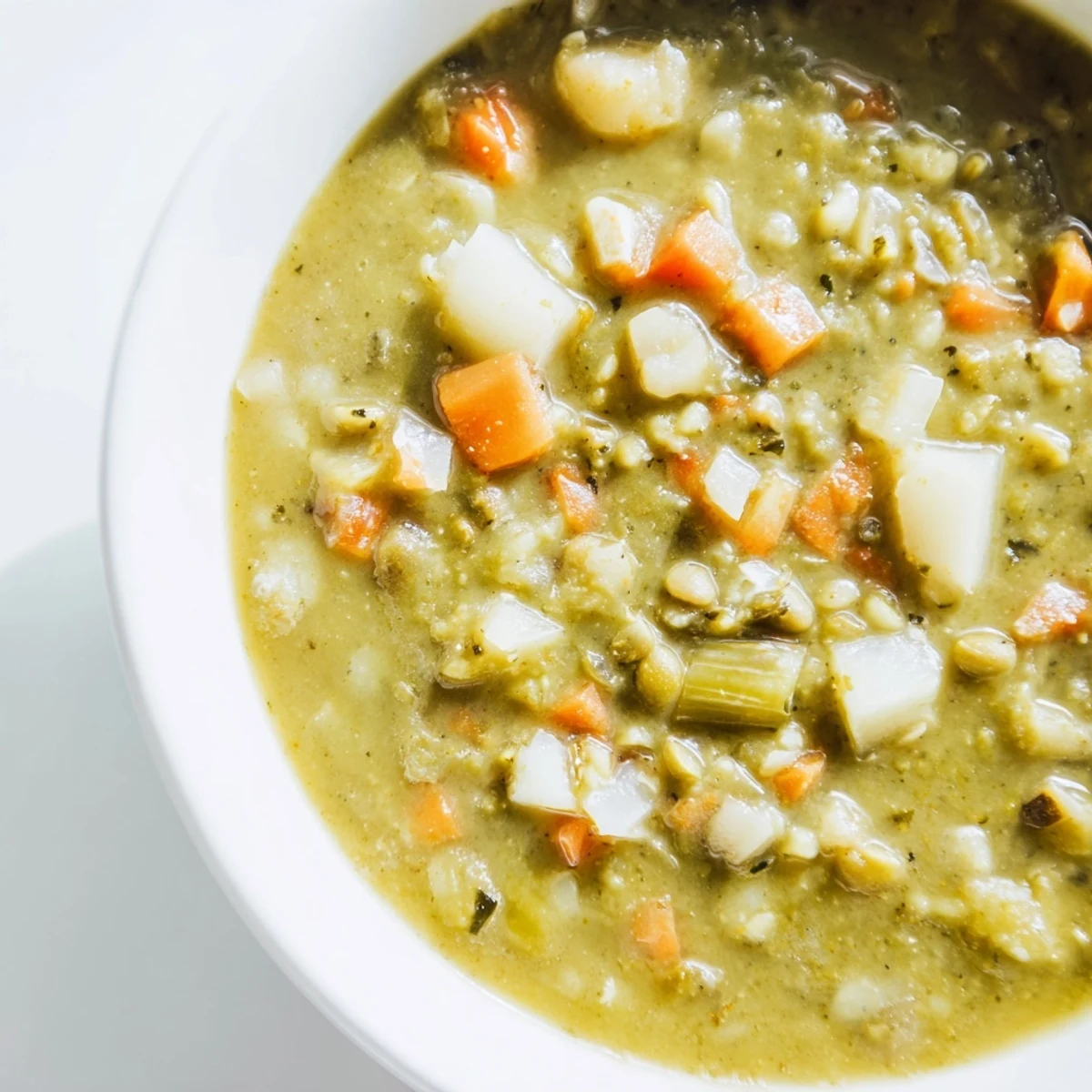 A warm bowl of homemade Split Pea Soup, paired with crusty bread for a comforting winter meal.