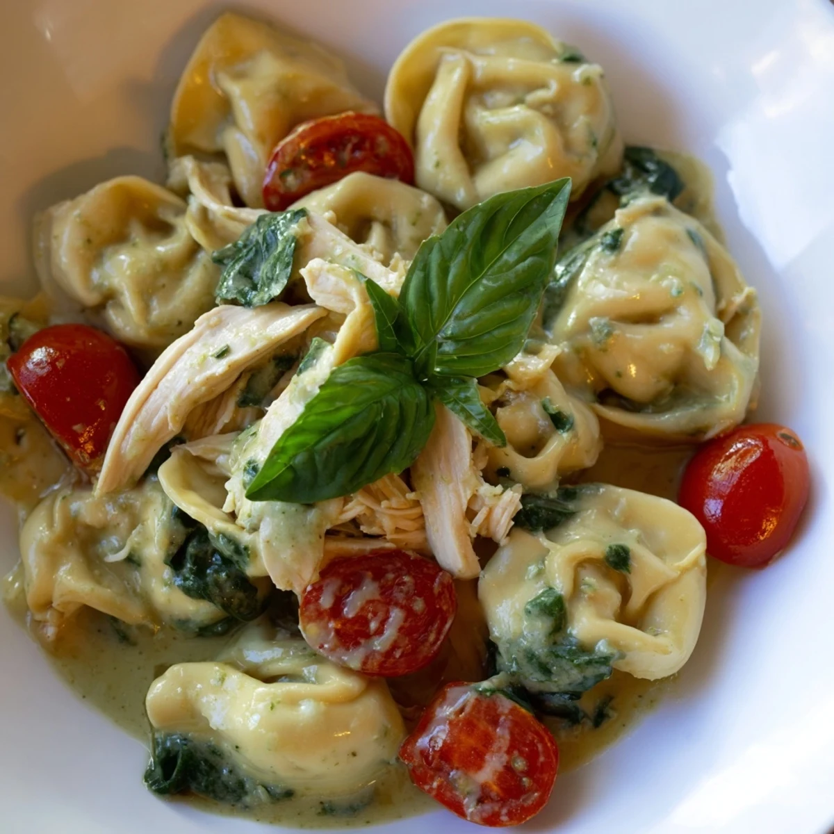 A close-up of Creamy Pesto Tortellini Skillet garnished with fresh basil and halved cherry tomatoes.