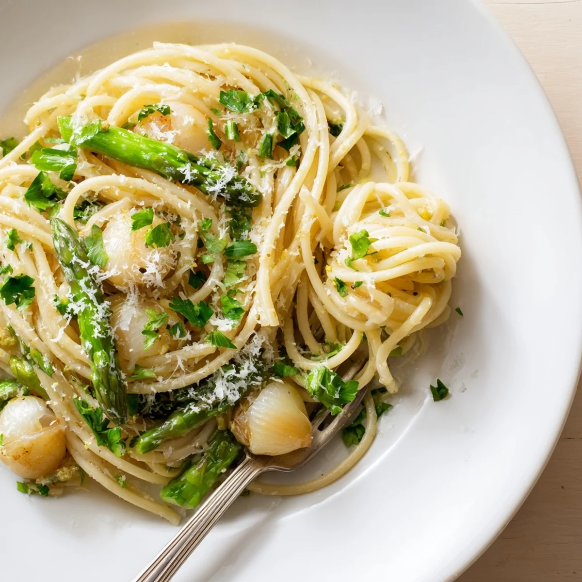Plated Roasted Garlic & Asparagus Pasta garnished with fresh parsley, lemon zest, and shaved Parmesan, steam rising from the tender spring vegetables.