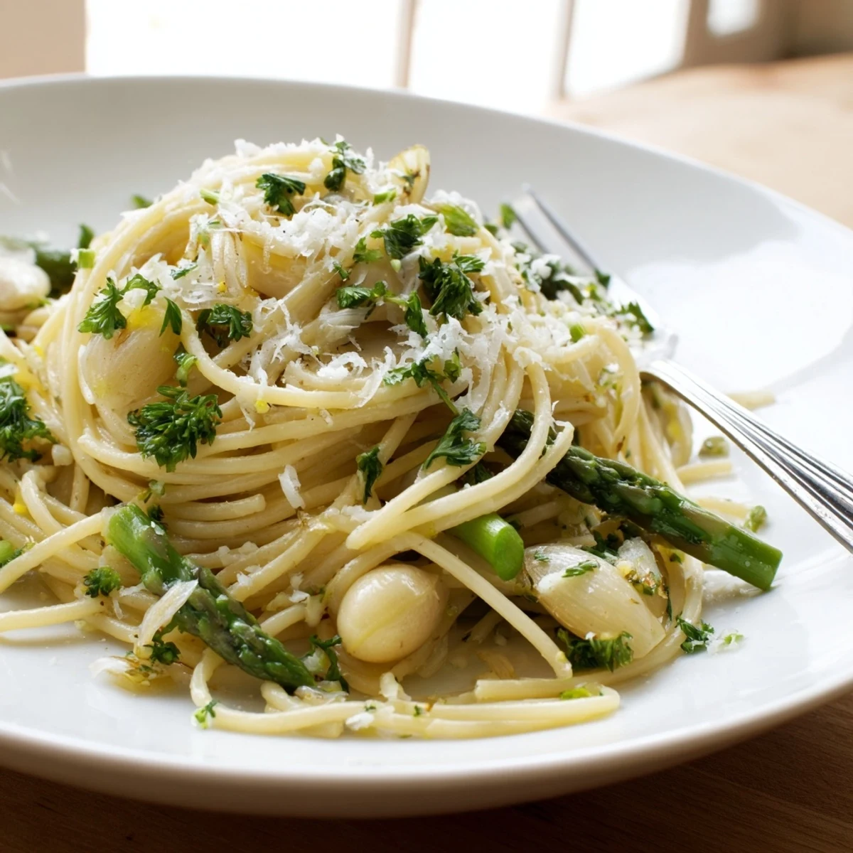 A skillet of Roasted Garlic & Asparagus Pasta ready to serve, featuring al dente spaghetti and blistered asparagus in a glistening olive oil sauce.
