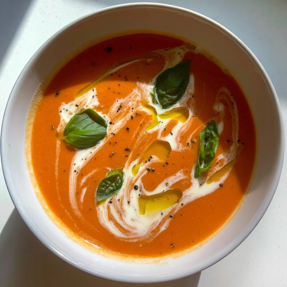 Steaming tomato and basil soup in a rustic bowl, topped with fresh basil leaves and a drizzle of olive oil beside crusty bread.
