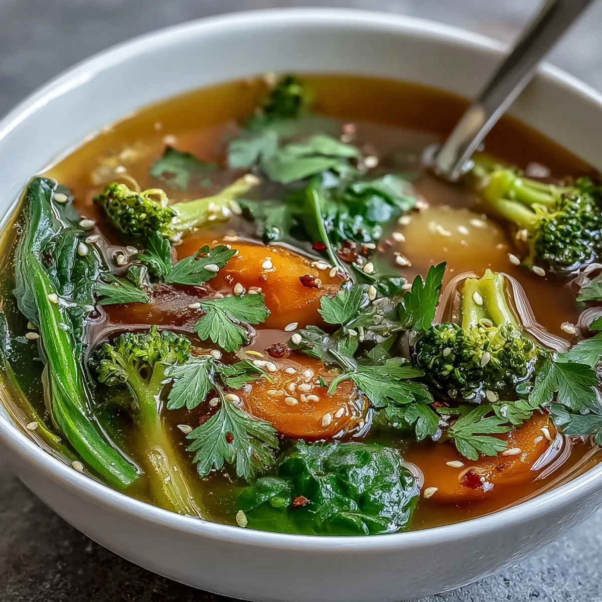 A steaming bowl of Collagen-Boosting Broth Bowl features vibrant carrots, broccoli, and spinach in golden turmeric-infused bone broth.