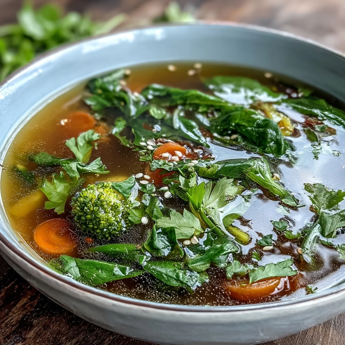 Fresh ginger and turmeric slices float in the nourishing Collagen-Boosting Broth Bowl, garnished with parsley and sesame seeds.