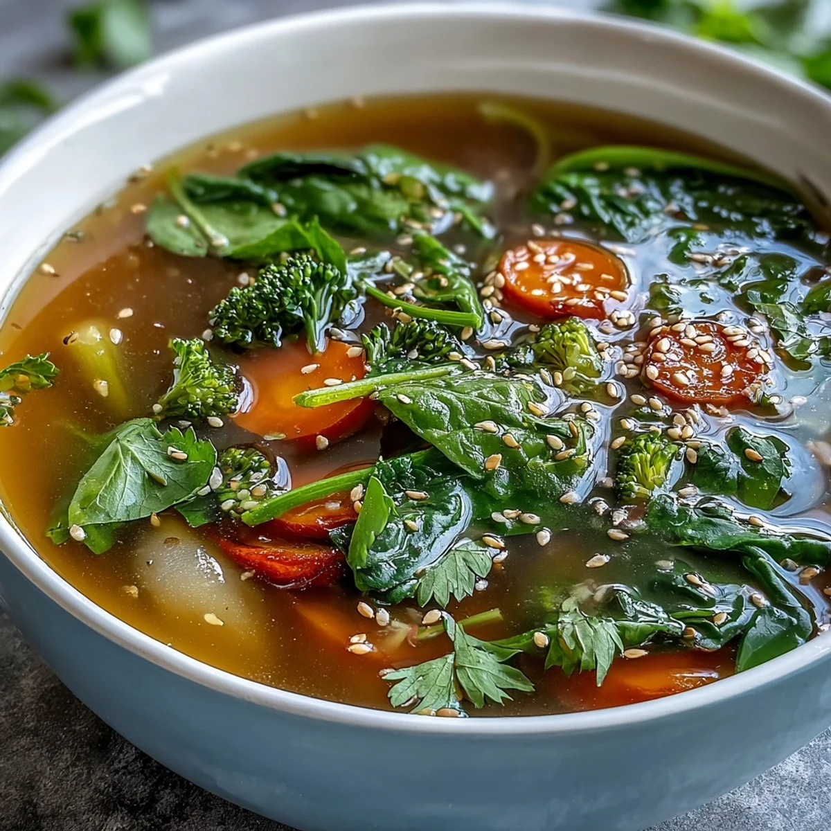 Close-up of the Collagen-Boosting Broth Bowl with tender zucchini and celery, steam rising from the anti-inflammatory, gut-healing broth.