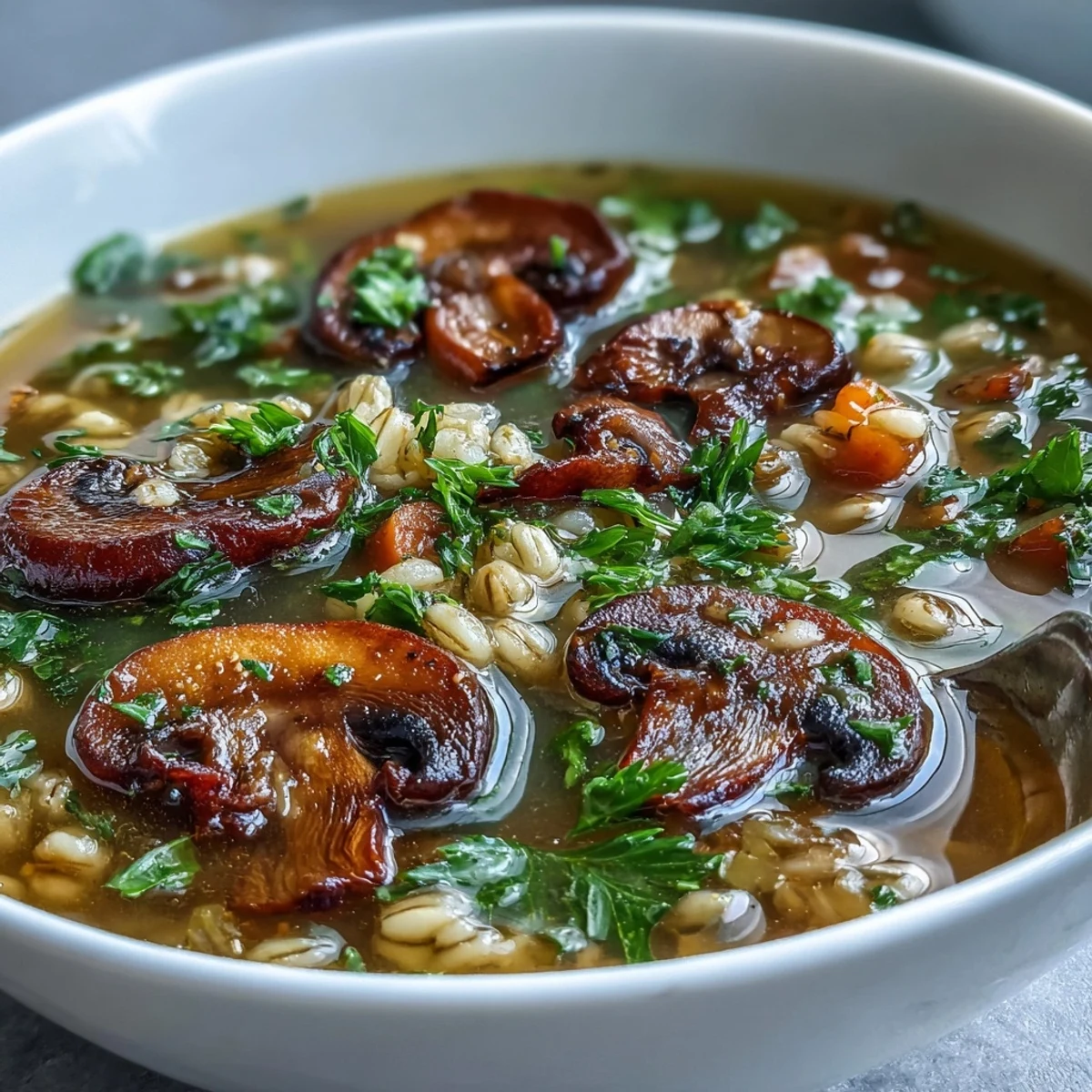 A warm bowl of Mushroom and Barley Soup, featuring tender sliced mushrooms and chewy grains swimming in a rich, savory vegetable broth.  