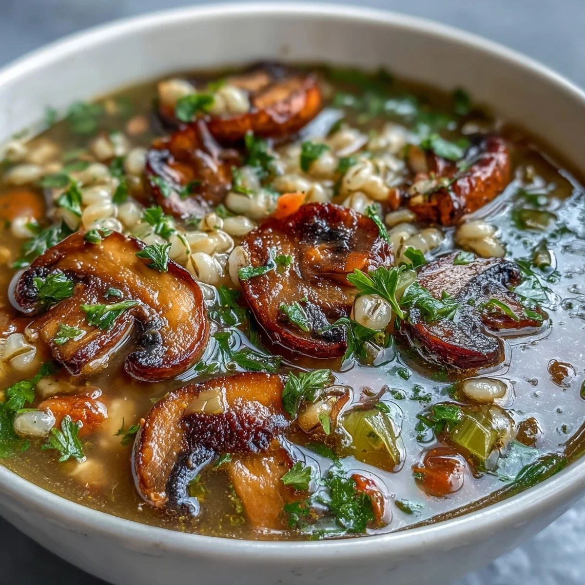 Hearty vegetarian Mushroom and Barley Soup garnished with fresh parsley, steaming gently in a rustic ceramic bowl on a wooden table.  