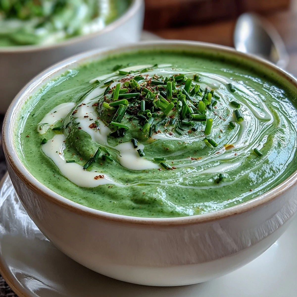 A warm bowl of creamy broccoli soup, swirled with cream, served with crusty bread for dipping.