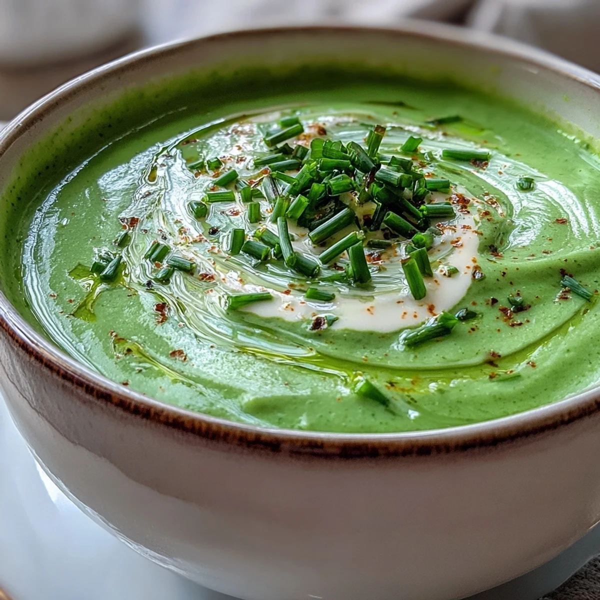 Vibrant green creamy broccoli soup with a velvety texture, perfect for a cozy vegetarian dinner.