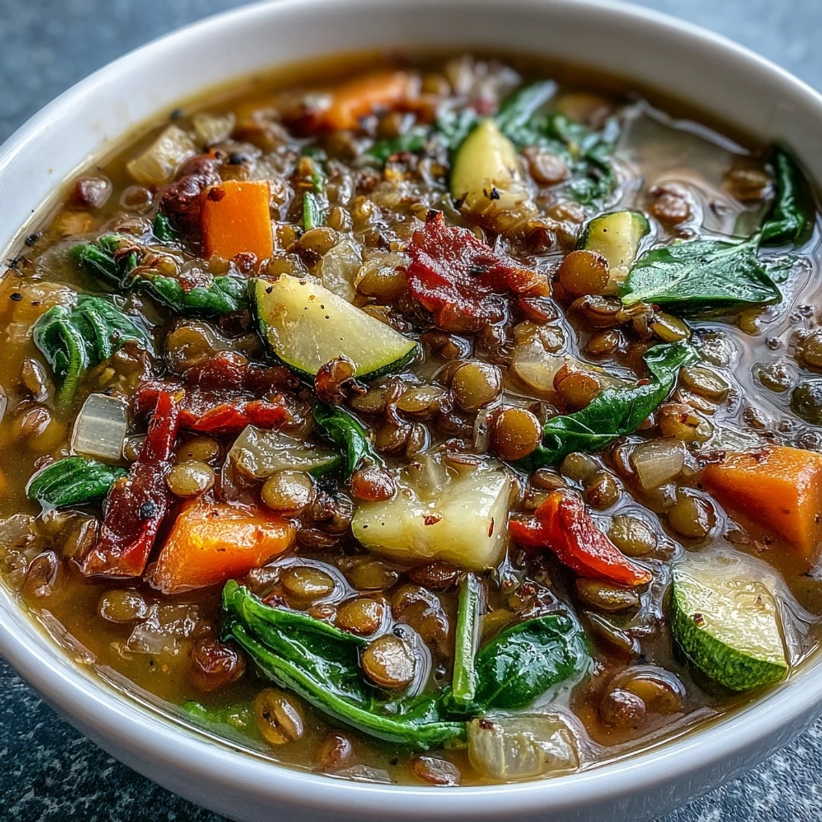 Hearty Lentil and Vegetable Soup steaming in a rustic pot, with fresh parsley and lemon wedges ready to garnish.