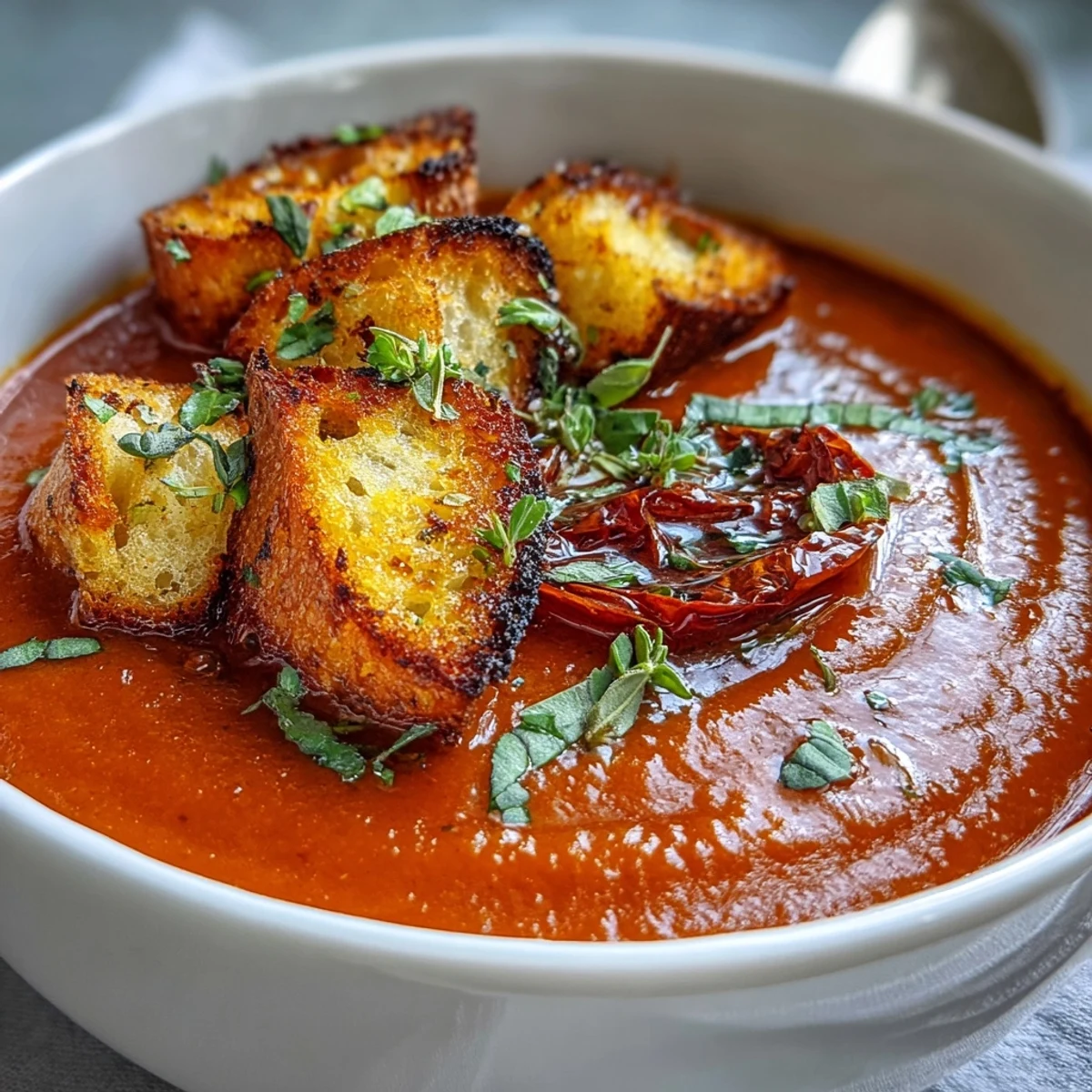 Freshly roasted tomato soup with crispy homemade croutons is served steaming hot in a rustic white bowl. 