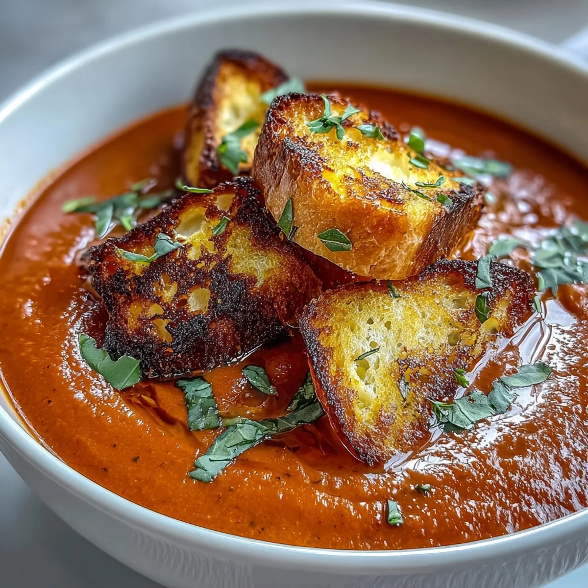 Close-up of a spoon dipping into velvety roasted tomato soup with crunchy, garlic-seasoned croutons.
