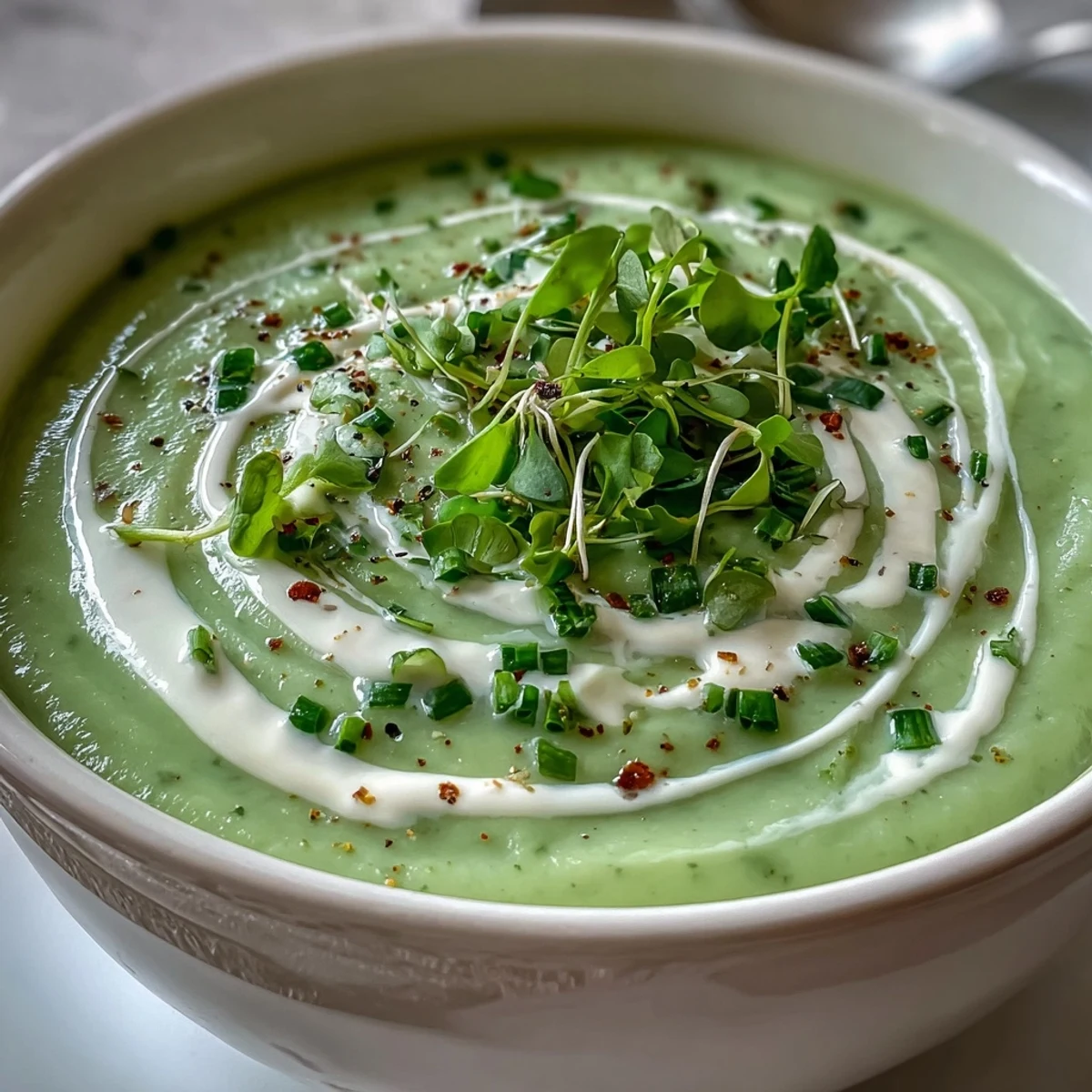 Silky smooth celery root bisque in a ceramic bowl, topped with a swirl of cream and delicate microgreens.