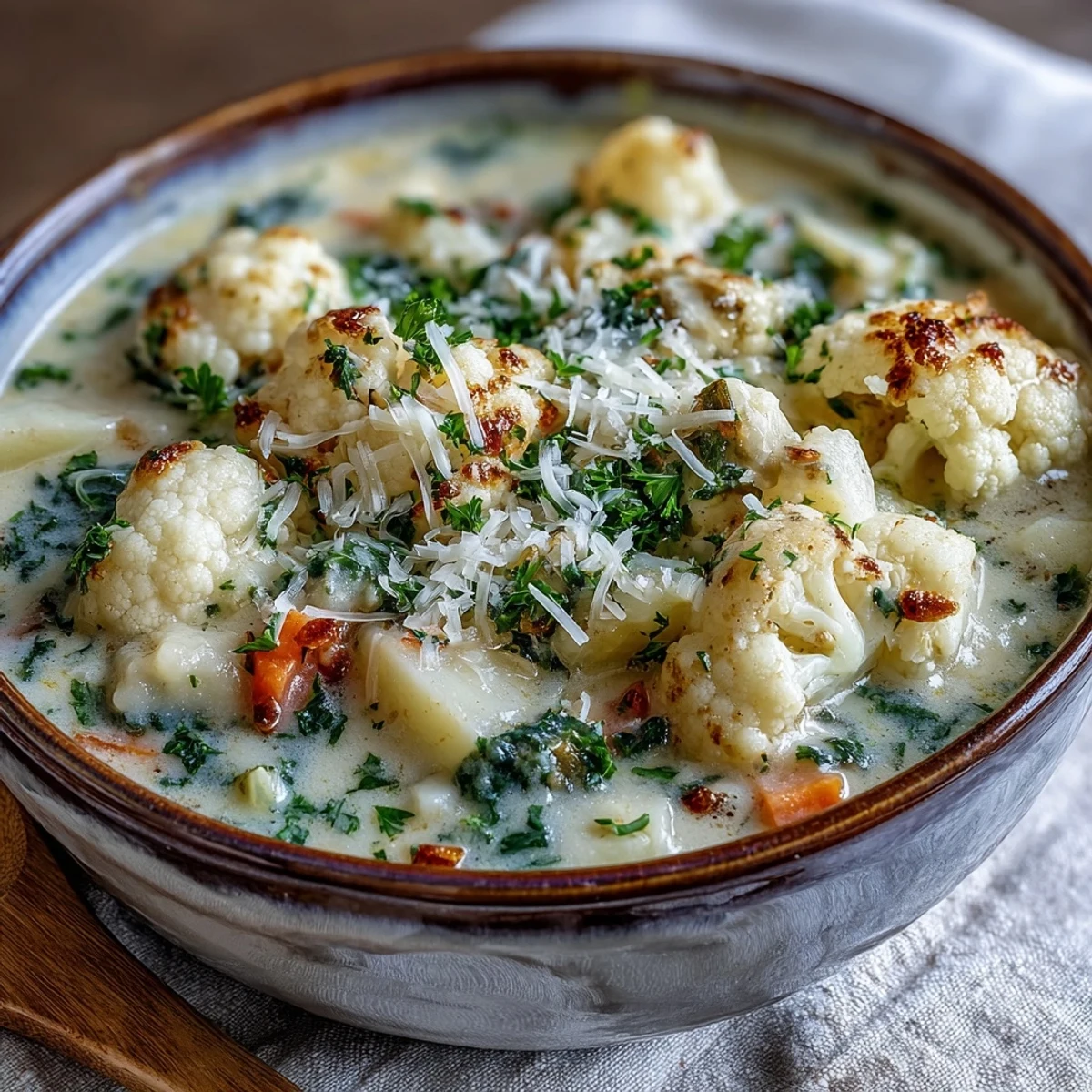 A bowl of creamy Vegetarian Cauliflower Chowder garnished with fresh chives, featuring tender cauliflower and diced potatoes.