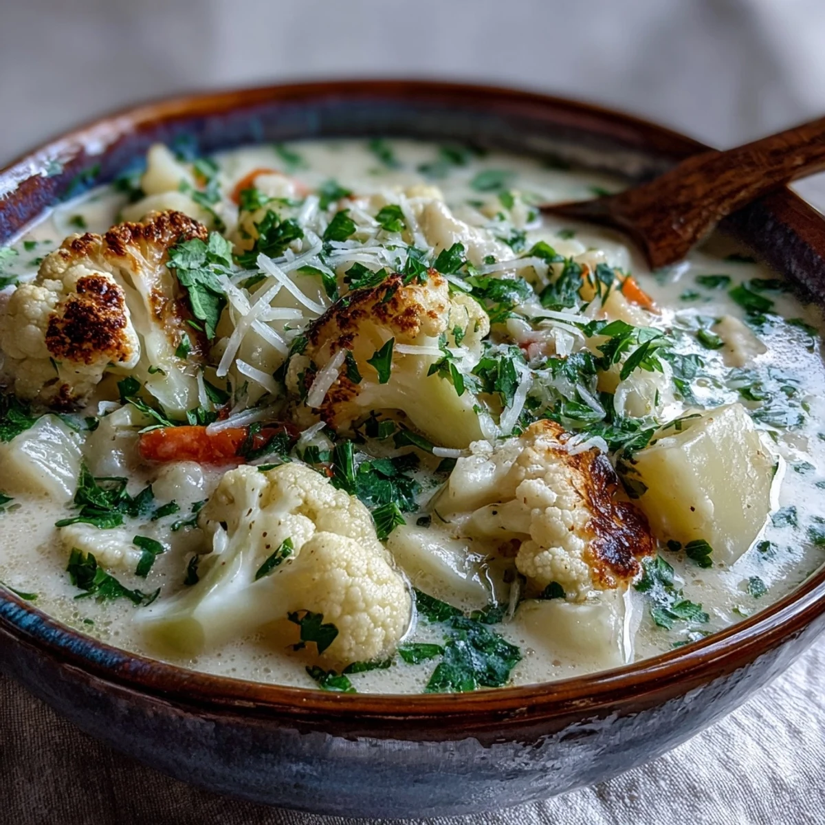 Hearty Vegetarian Cauliflower Chowder served hot in a rustic bowl, steaming with carrots and gentle smoked paprika seasoning.