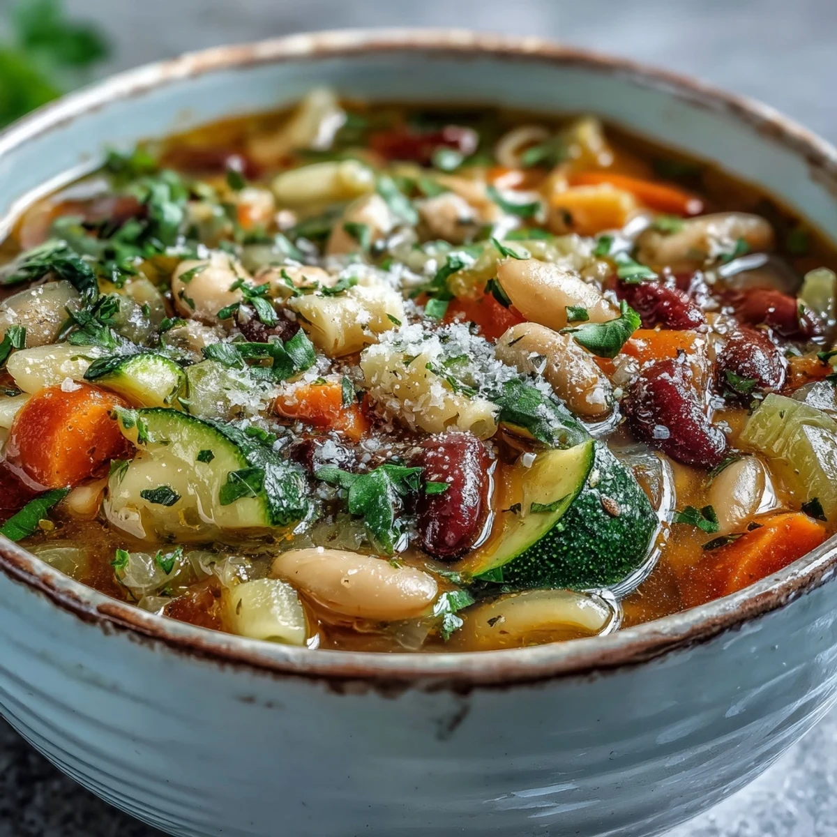 A close-up of vibrant Minestrone Vegetable Soup in a rustic bowl, showcasing tender beans, pasta, and fresh spinach garnished with parsley.  