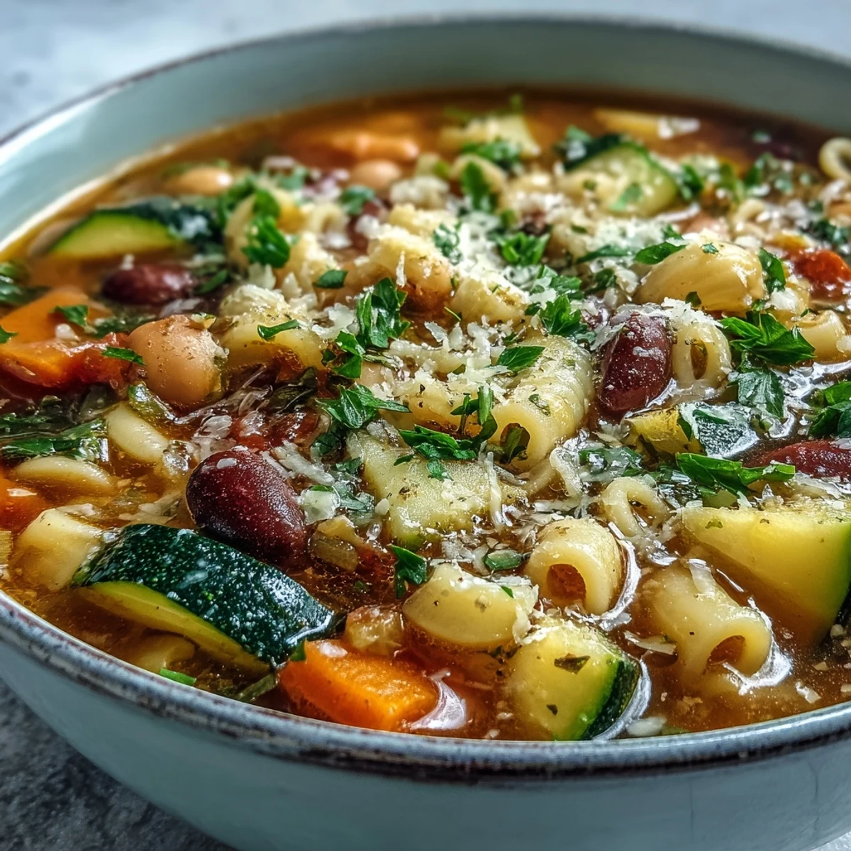 Steaming bowl of homemade Minestrone Vegetable Soup, featuring diced carrots, zucchini, and cannellini beans in a rich tomato-based broth.  