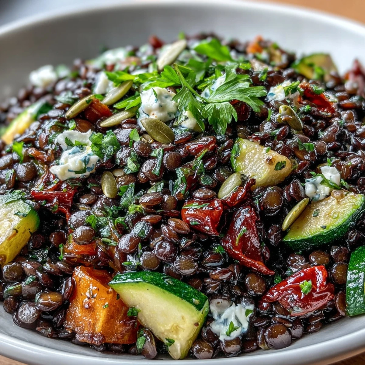 A close-up of vibrant Black Lentil Salad with roasted vegetables and fresh parsley.