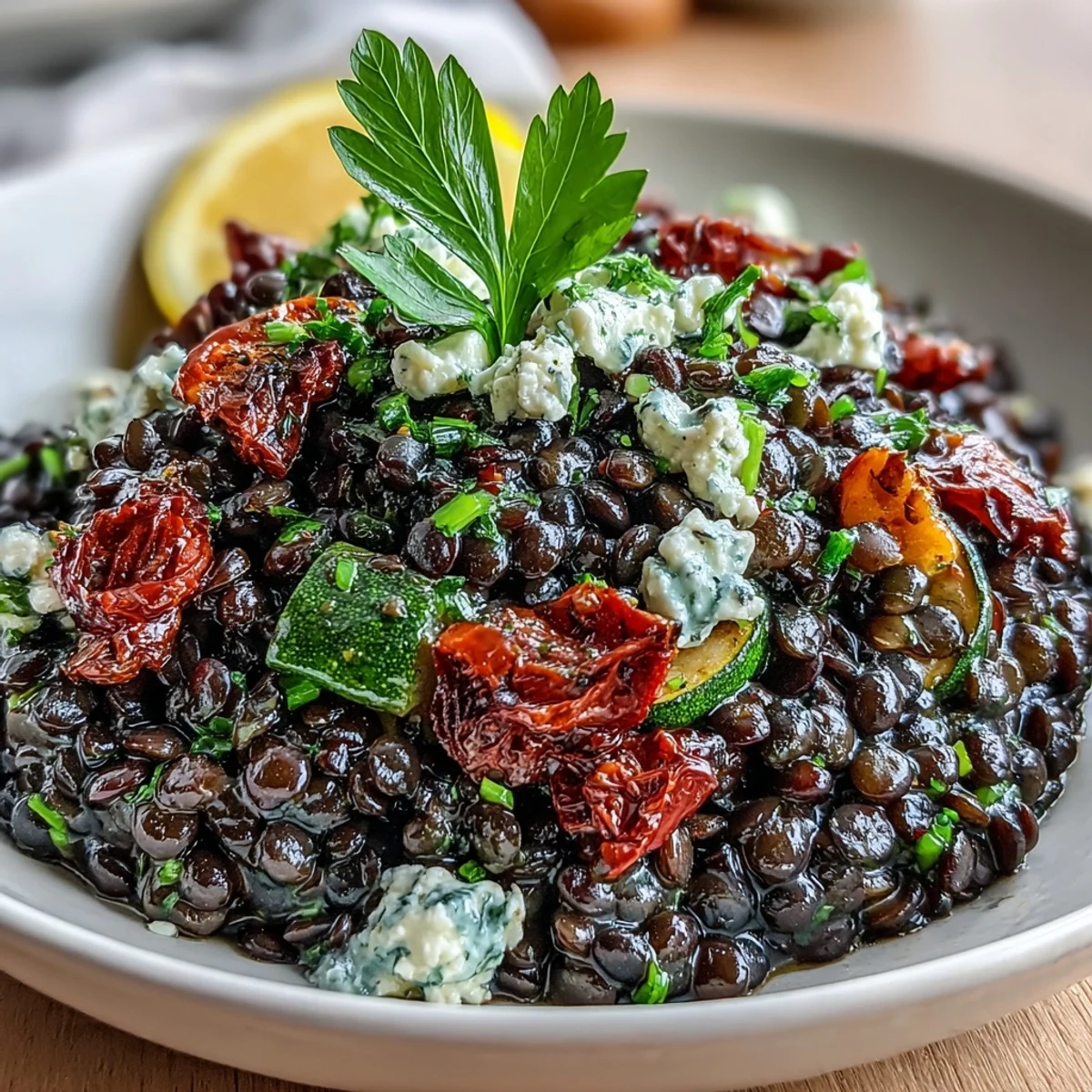 Spoon lifting a portion of warm Black Lentil Salad featuring earthy lentils and zesty dressing.