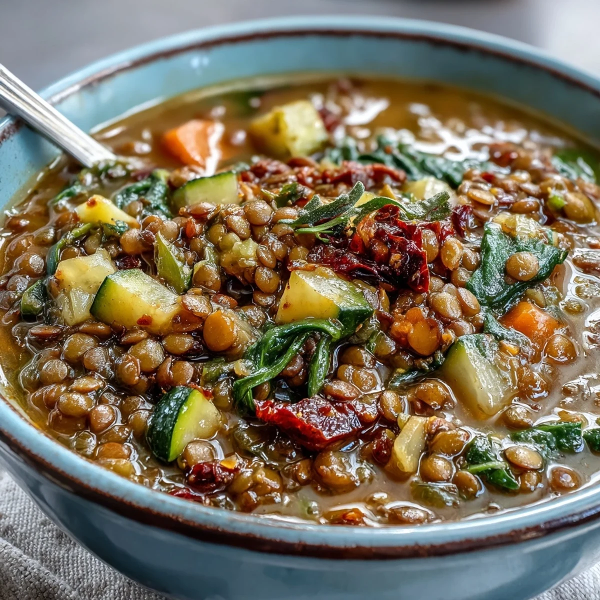 A close-up photo of a bowl of hearty Lentil Soup garnished with fresh parsley and a lemon wedge, served warm.