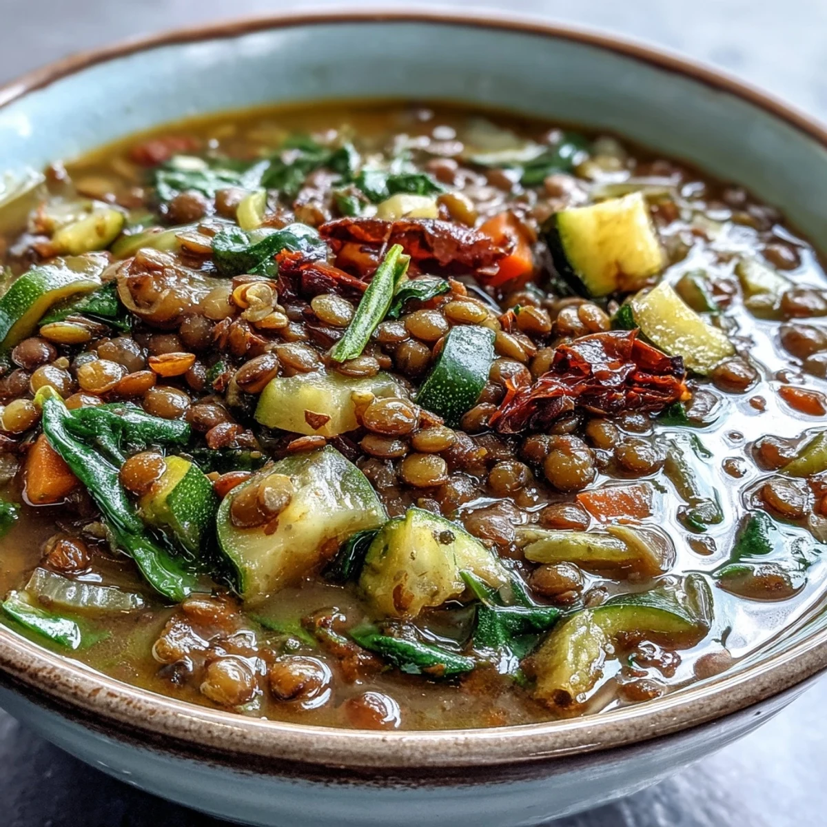 Steaming bowl of homemade Lentil Soup featuring colorful carrots, celery, and spinach in a rich tomato broth.