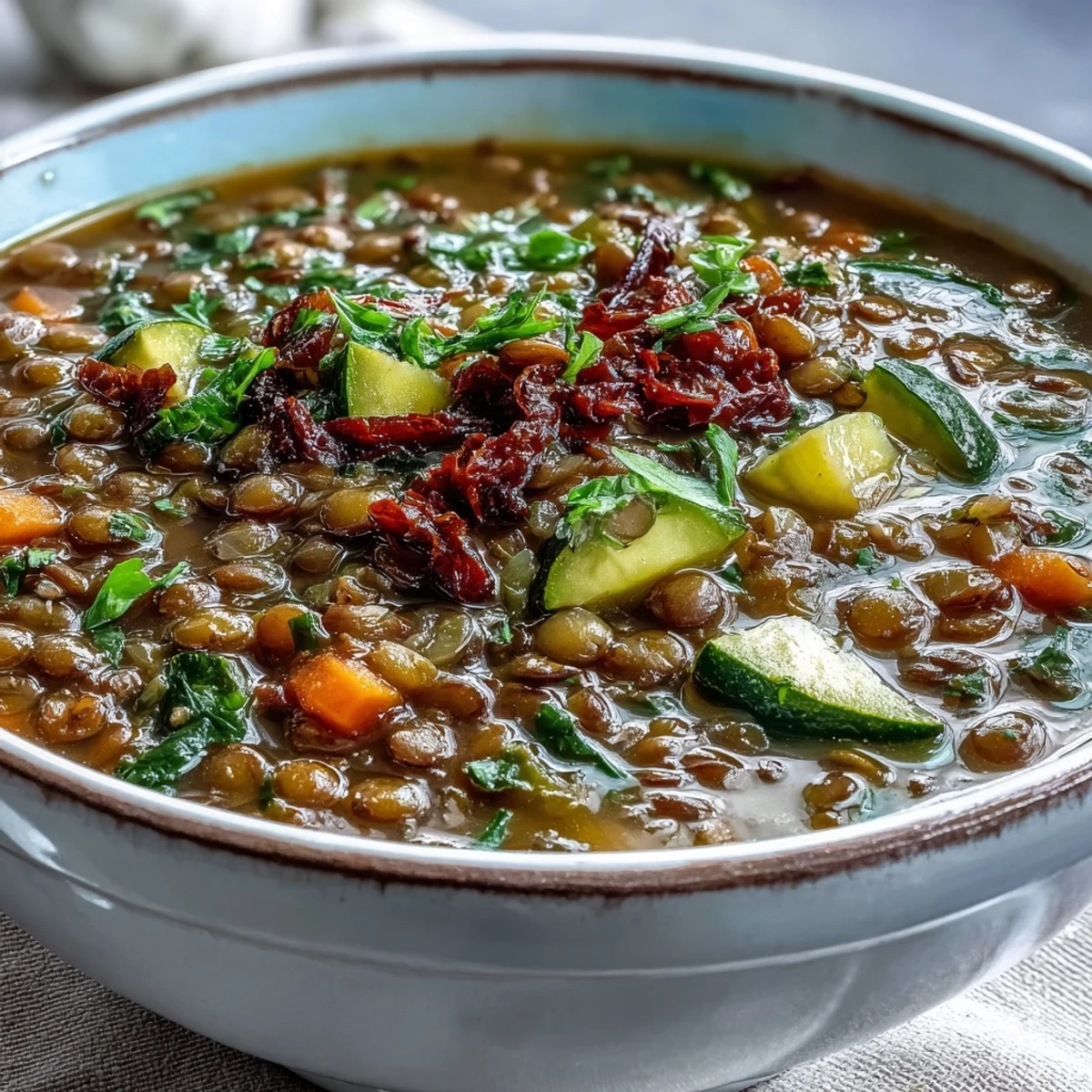 A steaming bowl of hearty lentil and vegetable soup garnished with fresh parsley, served alongside crusty artisan bread for dipping.