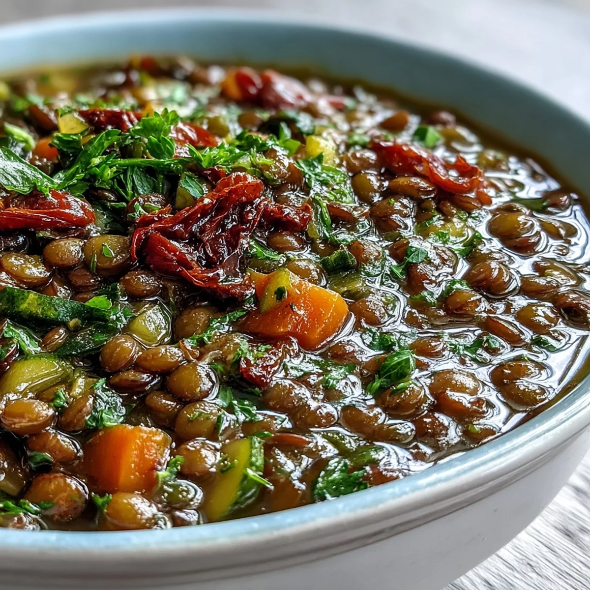 A vibrant pot of lentil and vegetable soup with colorful diced zucchini and bell peppers, ready to serve with lemon wedges.