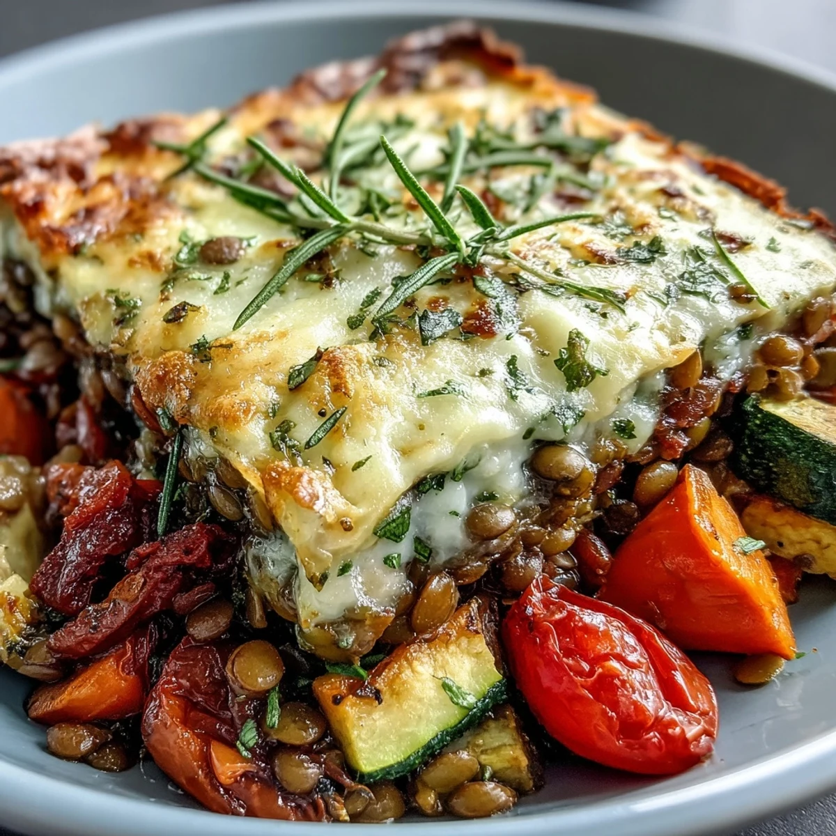 Close-up of the Green Lentil and Vegetable Casserole highlighting golden cheese, fresh spinach, and tender vegetables.  