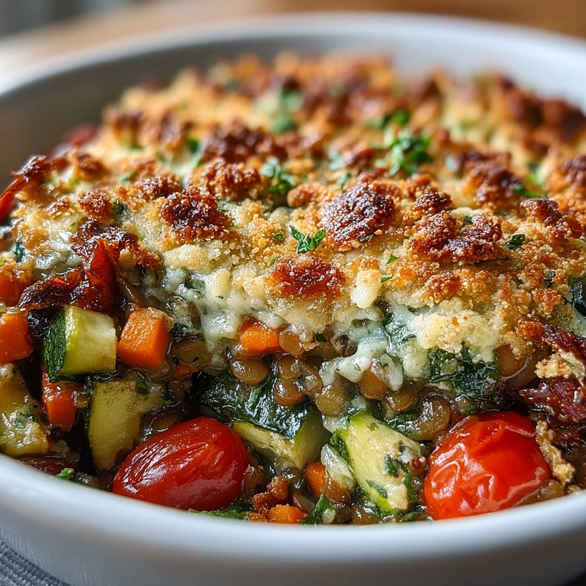 A hearty, baked Green Lentil and Vegetable Casserole served bubbling from the oven in a white dish.  