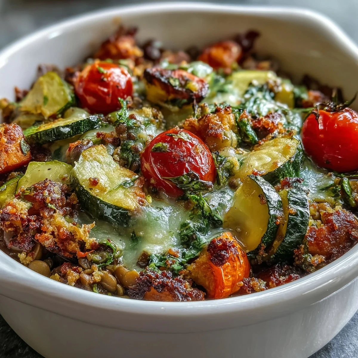 Colorful Green Lentil and Vegetable Casserole ready to serve, garnished with herbs and paired with a rustic salad.