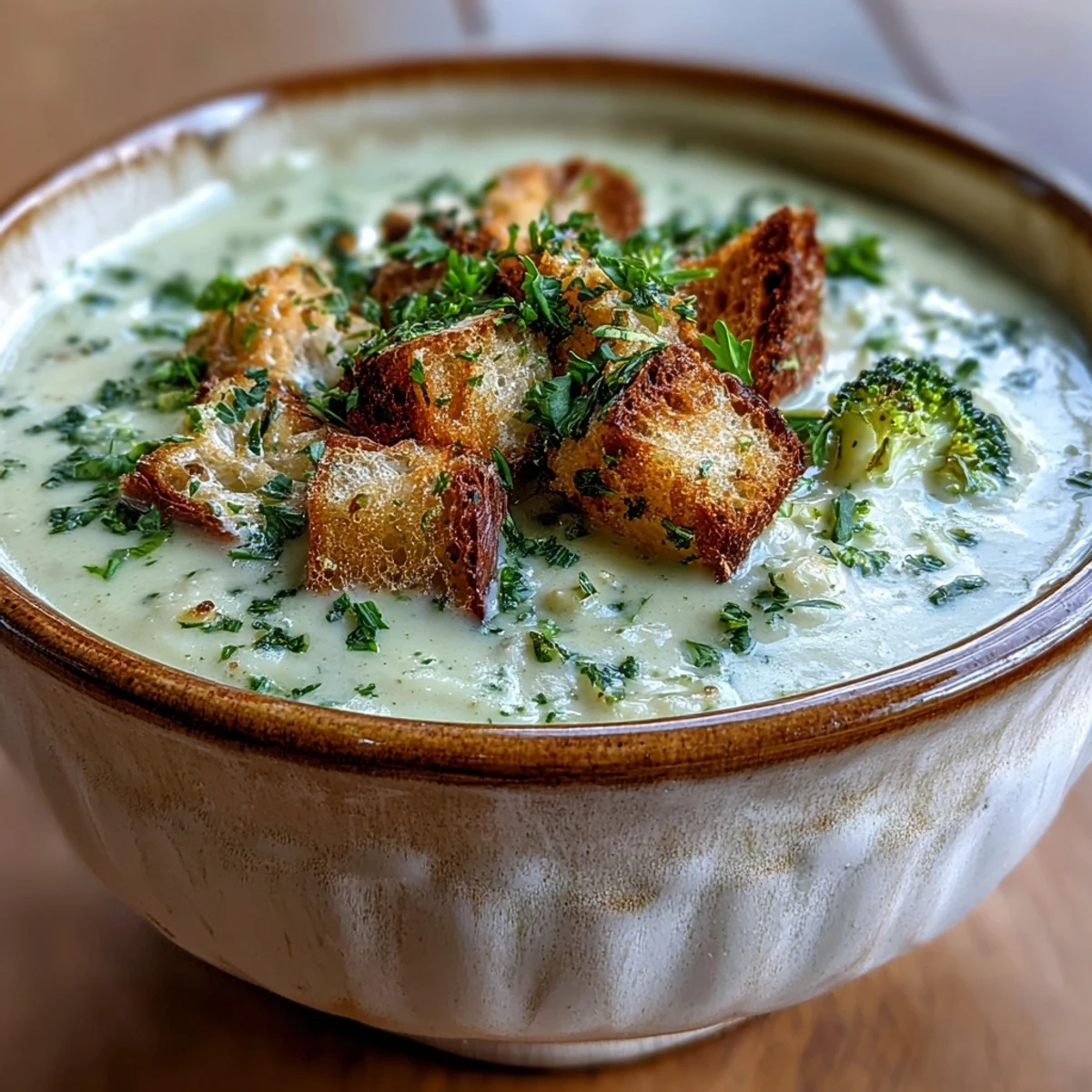 Creamy Cauliflower and Broccoli Soup topped with golden, crunchy croutons and fresh parsley, served in a rustic bowl.