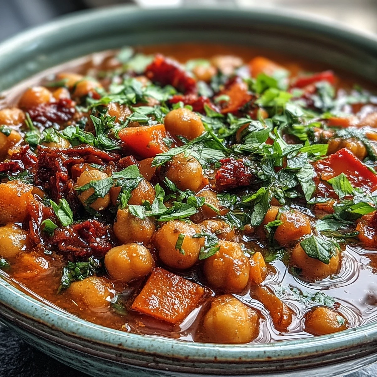 A steaming bowl of Spicy Chickpea Stew garnished with fresh cilantro and a lemon wedge, served beside crusty artisan bread.