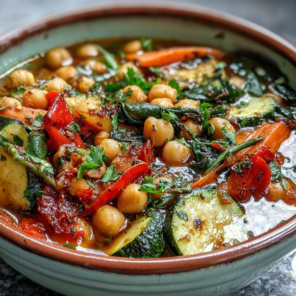 A warm bowl of Chickpea Stew with spinach and zucchini, garnished with fresh parsley and served alongside crusty bread.
