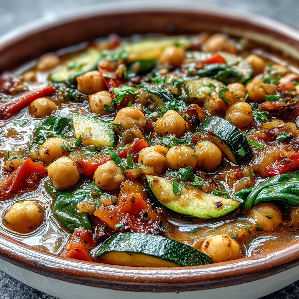 Steam rises from a pot of Chickpea Stew, revealing colorful carrots and red bell peppers in a rich tomato broth.