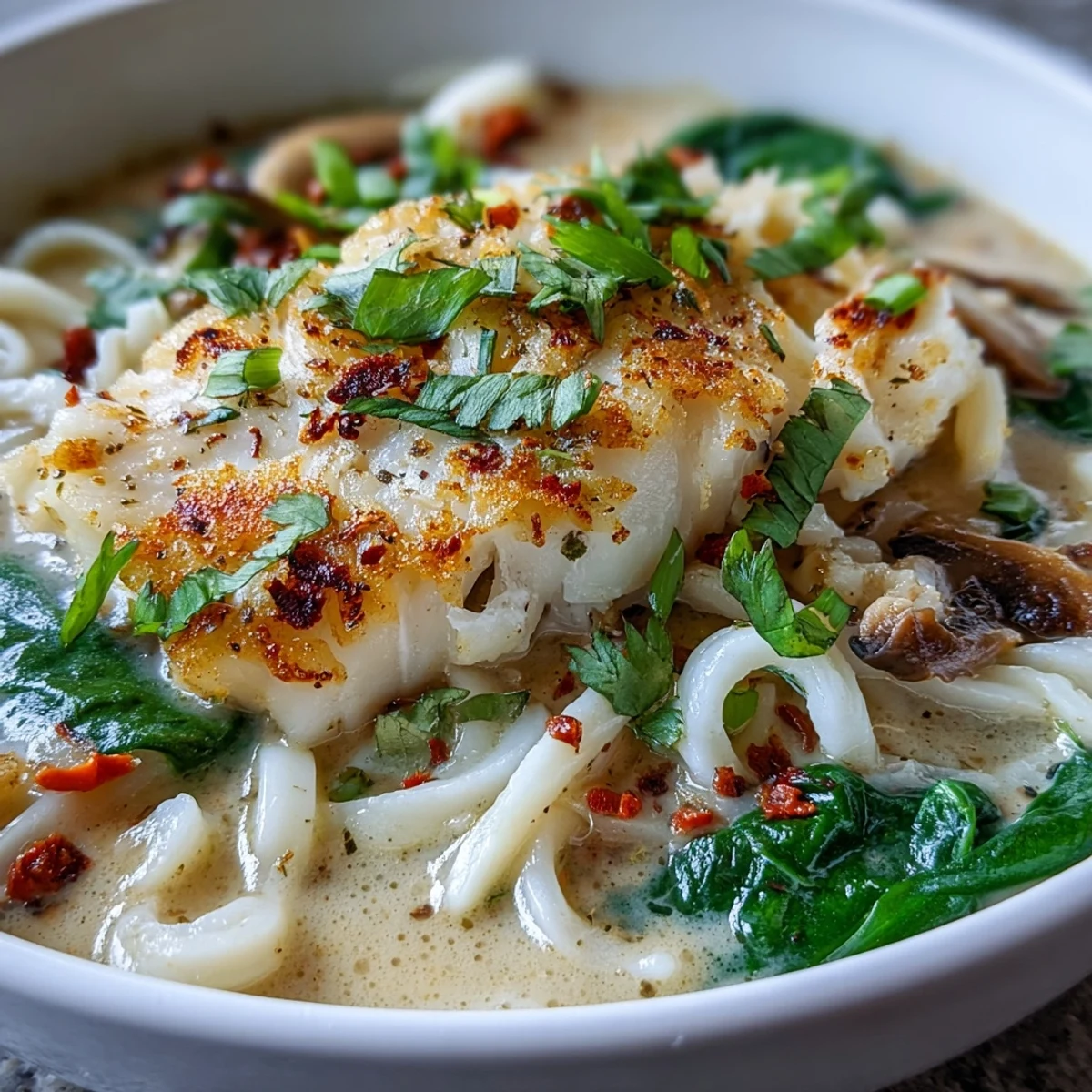 A close-up shows flaky poached cod nestled in a warming, aromatic coconut curry broth over fresh, chewy udon noodles.