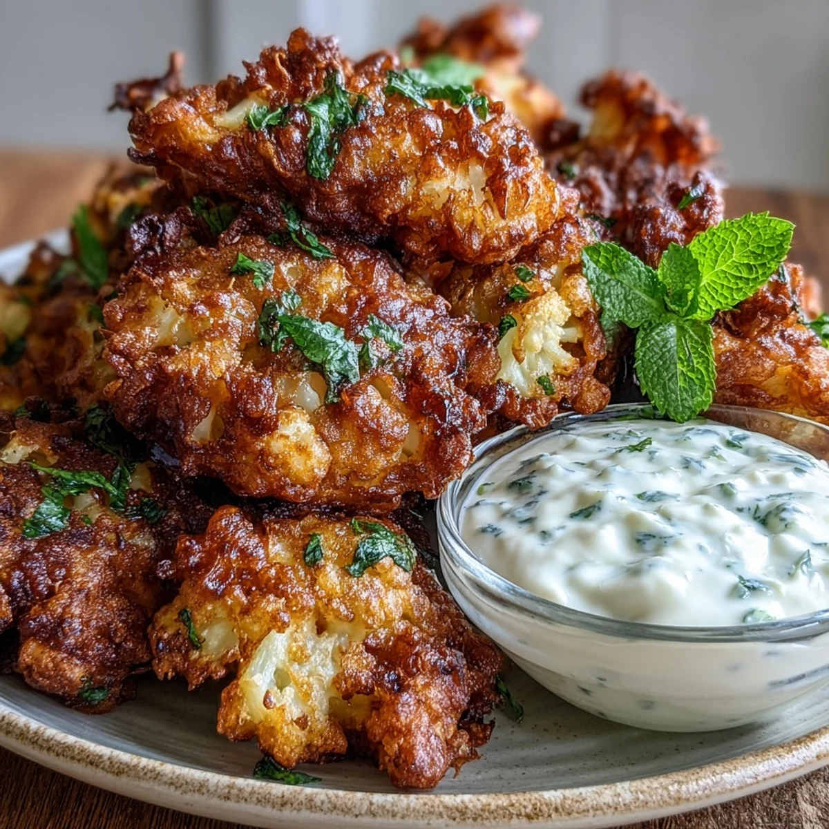 Crispy, golden cauliflower bhajis are paired with a cooling mint yogurt dip, perfect for a spicy appetizer.