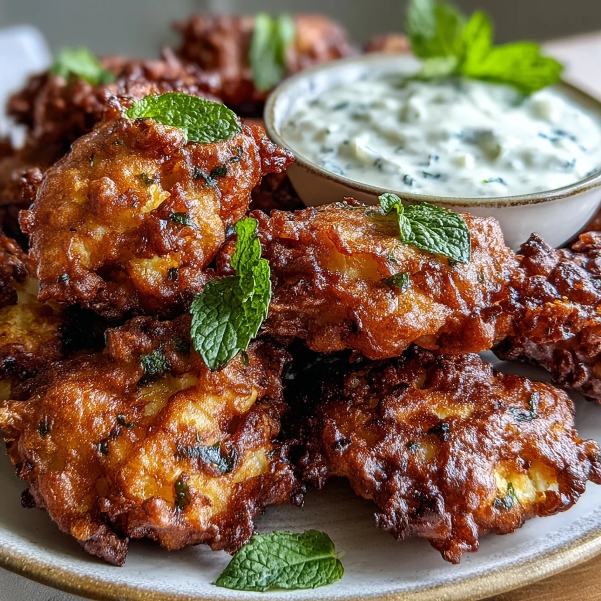 Hearty cauliflower bhajis with vibrant spices are served hot alongside a creamy, tangy yogurt dip.