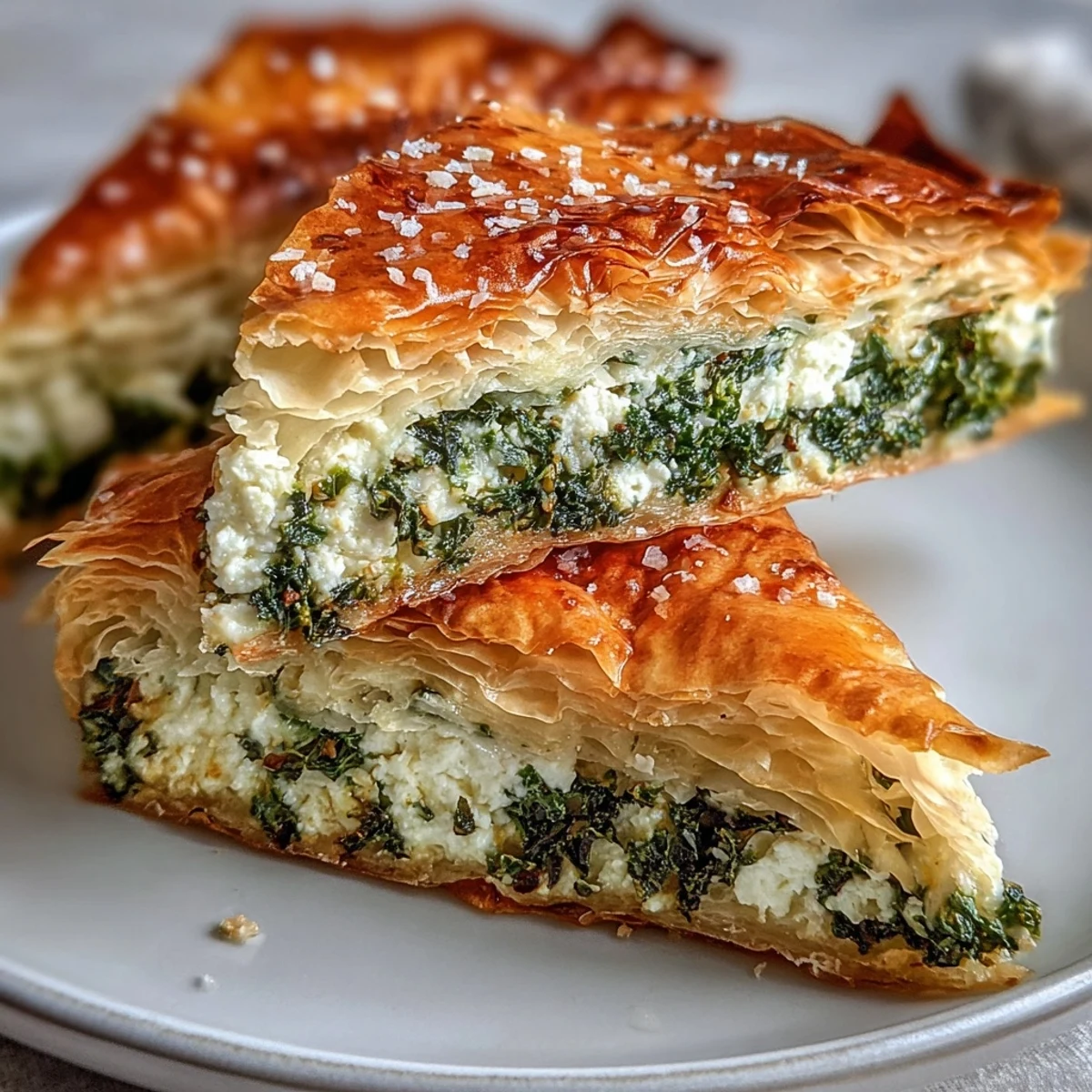 Freshly baked Feta and Kale Börek with golden, flaky filo pastry layers served warm on a plate.
