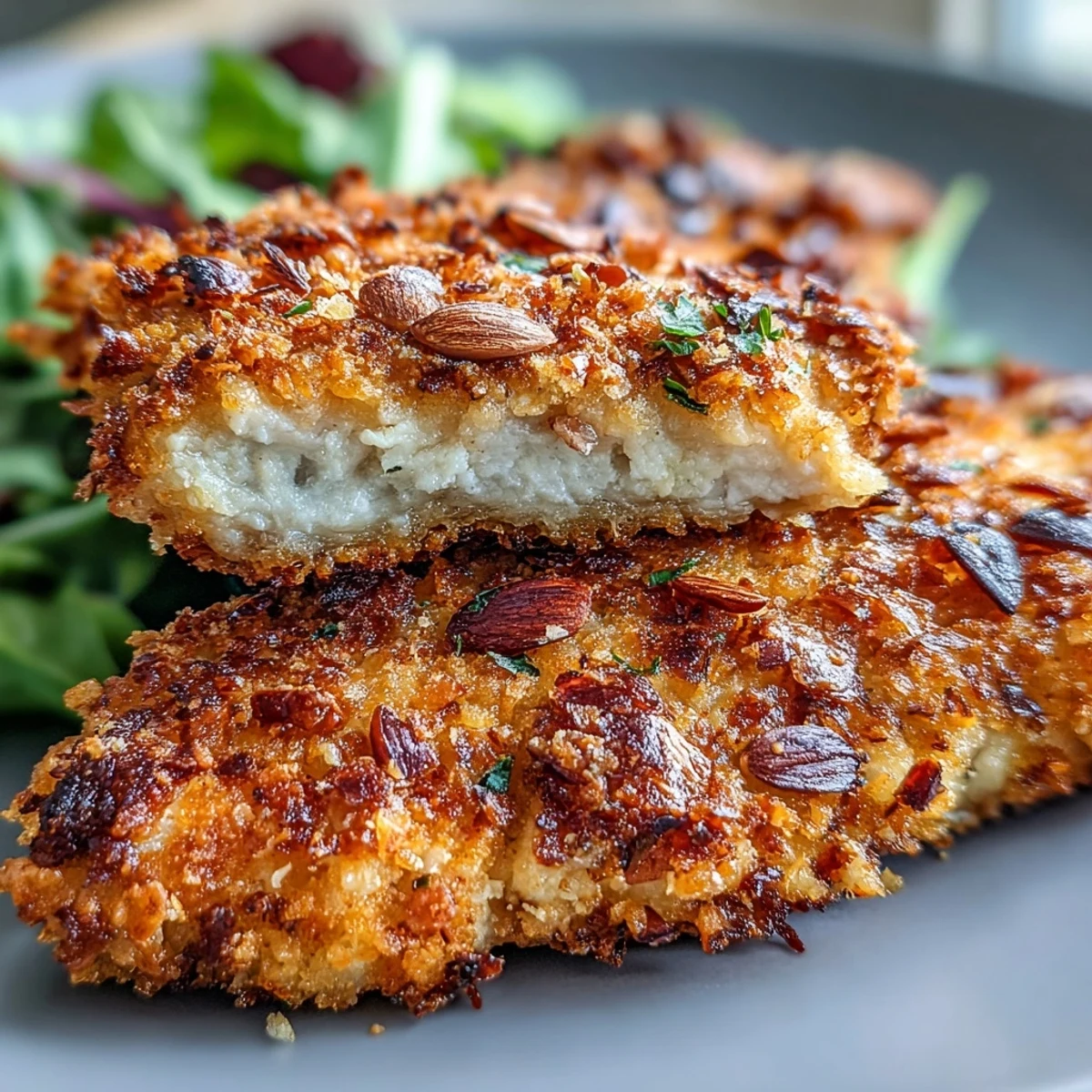 Golden-brown almond-crusted chicken breast rests beside a vibrant bowl of marinated kale and sumac salad on a rustic wooden table.