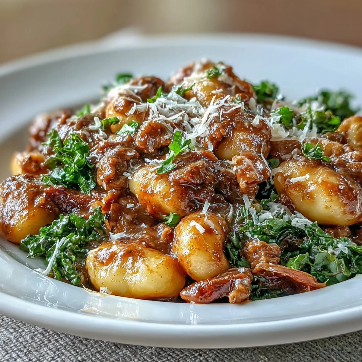 Hearty Sausage Gnocchi with kale served in a warm bowl, garnished with fresh basil and melted Parmesan.