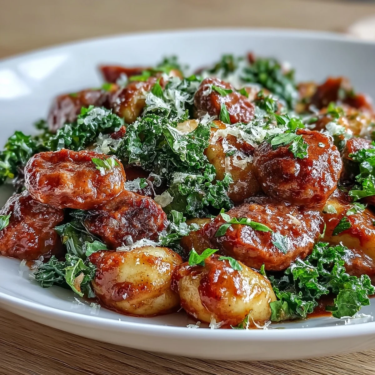 A rustic plate of Sausage Gnocchi with kale tossed in a spicy tomato sauce, ready for a weeknight dinner.