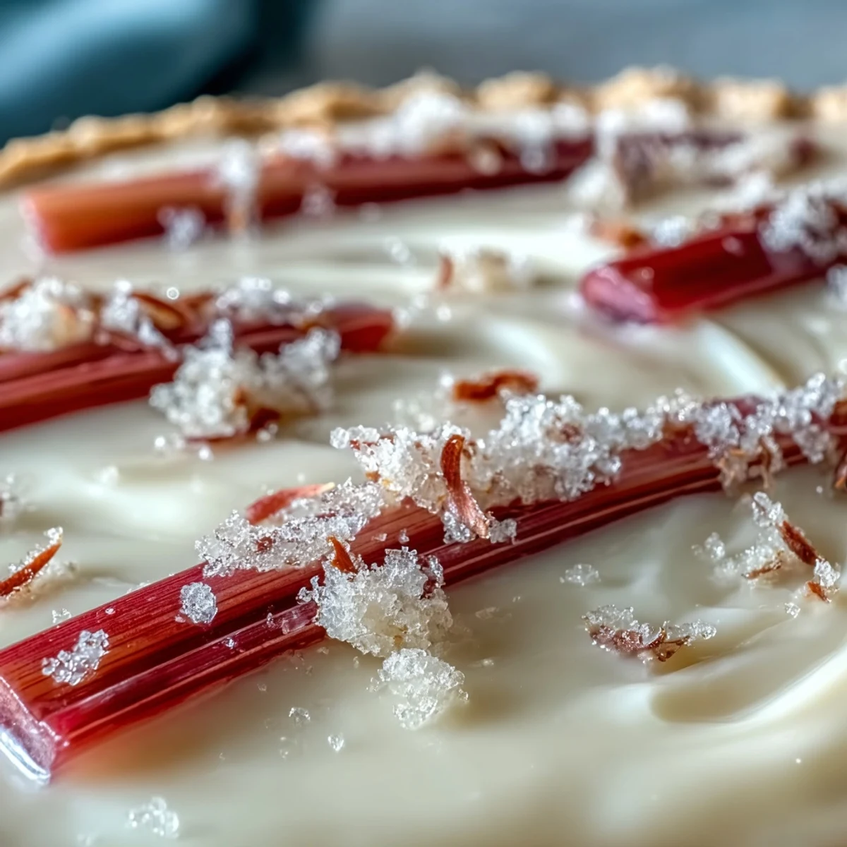 Freshly baked Rhubarb, White Chocolate, and Elderflower Tart garnished with pistachios, served on a ceramic plate for a spring gathering.
