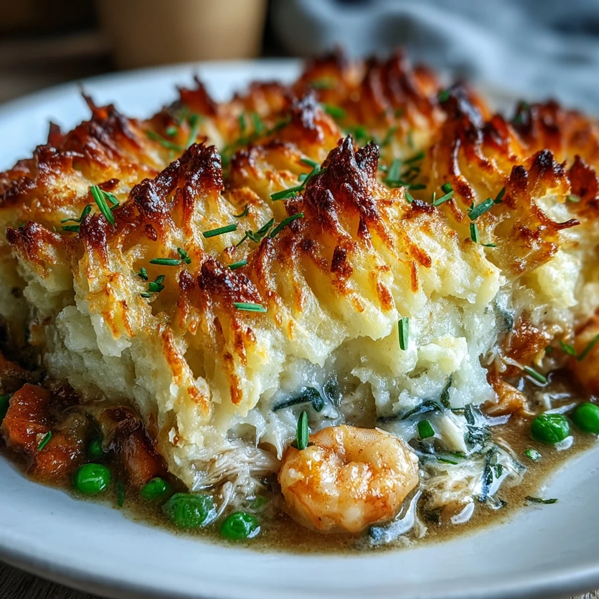 A baked curried fish pie with rustic mashed potato topping sits beside a glass of crisp white wine on a rustic table.