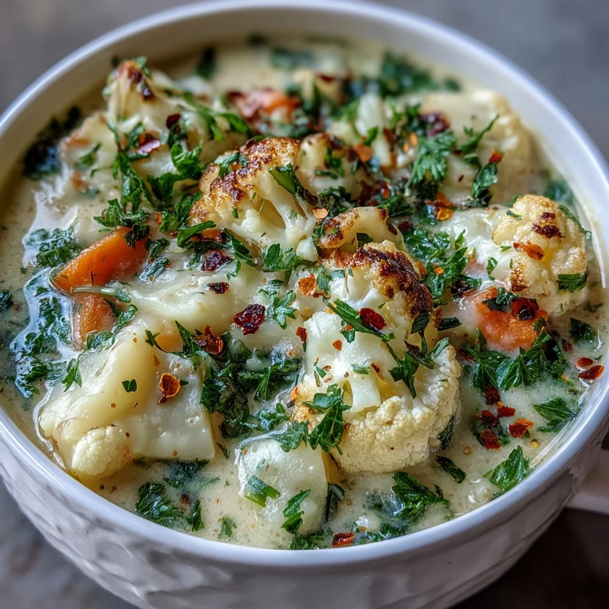 Steamy bowl of Vegetarian Cauliflower Chowder garnished with fresh parsley and sharp cheddar.