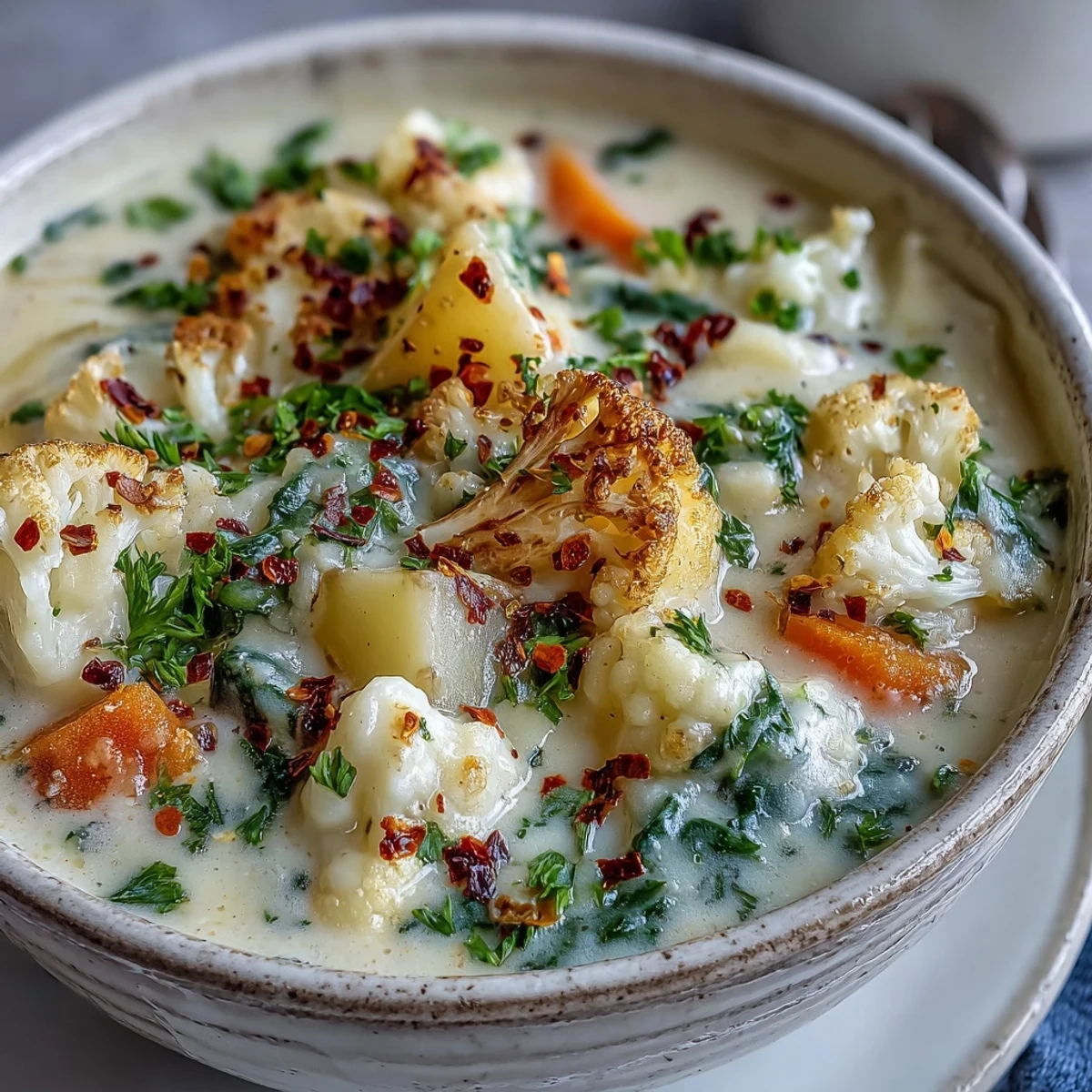 Close-up of chunky vegetarian cauliflower chowder with carrots and potatoes in a rustic bowl.